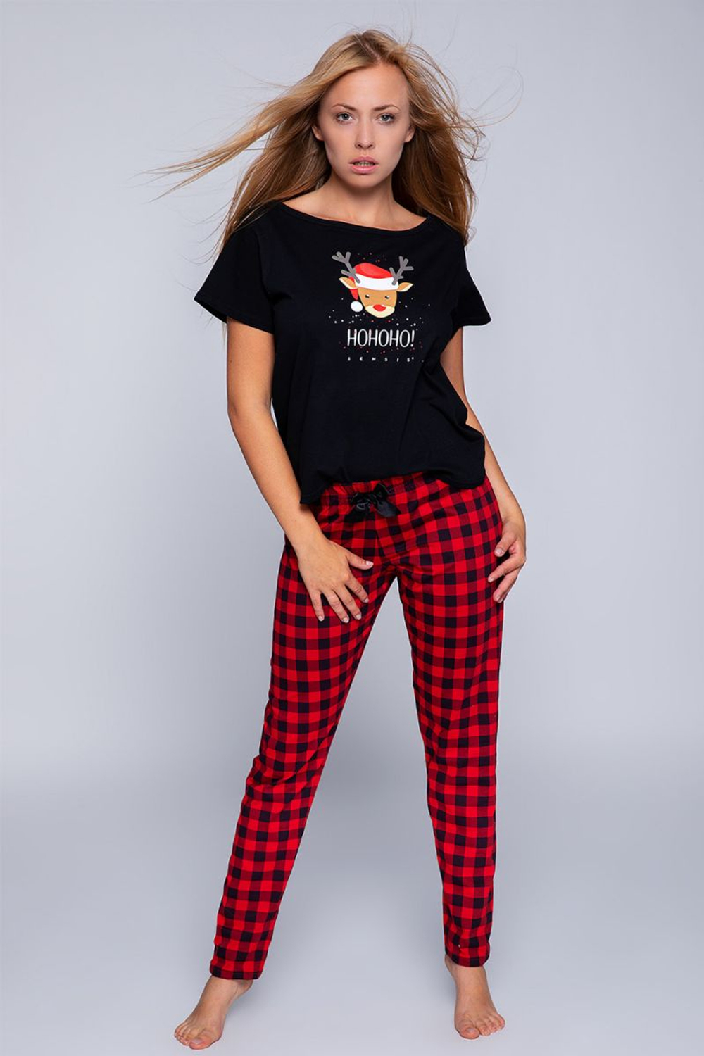 Оригинальная женская пижама Lampo с брючками (Размер: S) (Цвет: черный с красным)