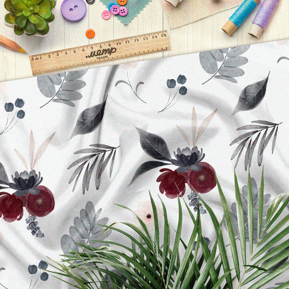 Ткань бифлекс бордовые розы с чёрными листьями на белом фоне