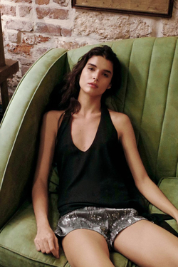 ZARA ТОП С ГОРЛОВИНОЙ ХАЛТЕР И ЗАВЯЗКАМИ, ЧЕРНЫЙ