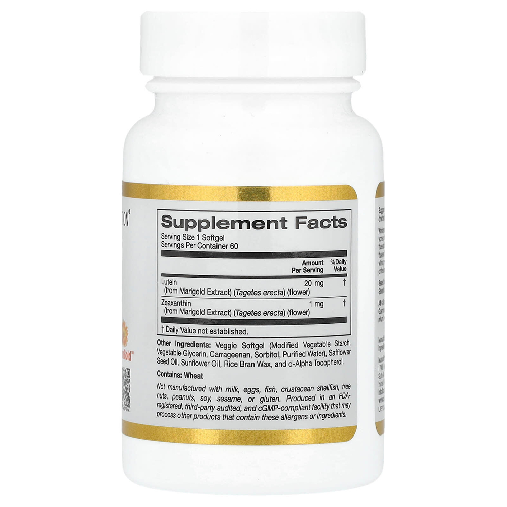 California Gold Nutrition, лютеин с зеаксантином из экстракта бархатцев, 20 мг, 60 растительных капсул