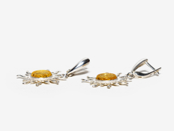 Серебряные серьги с цельным янтарем "Солнце", серебро 925 пробы