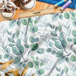 Ткань габардин крупные акварельные листья на белом фоне