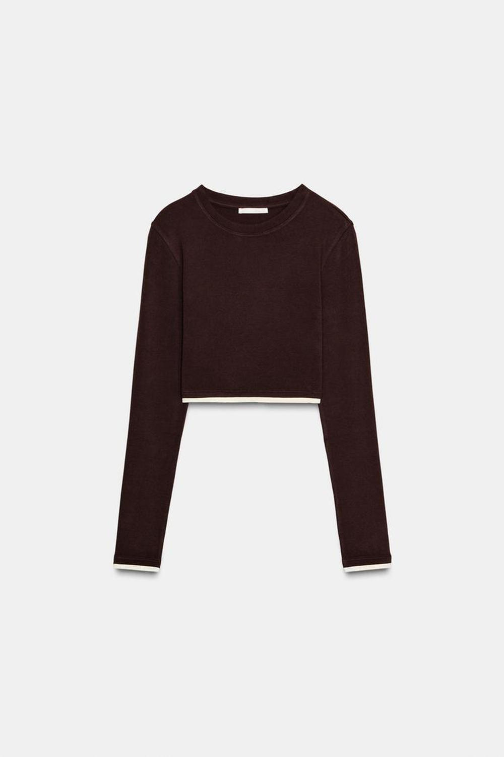 ZARA УКОРОЧЕННАЯ ФУТБОЛКА С ДВОЙНЫМ ЭФФЕКТОМ, КОРИЧНЕВЫЙ