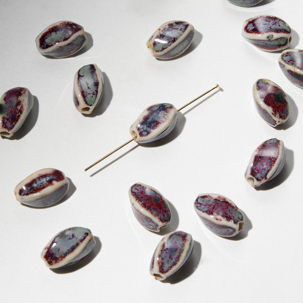 Бусина в форме бочонка с гранями, 15,8*9мм, бордово-синяя, глазурированный фарфор