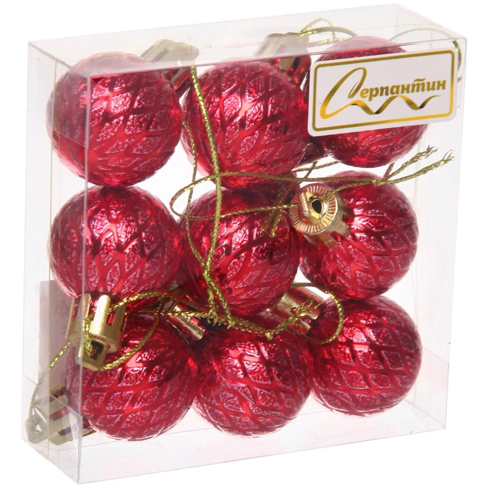 Новогодние шары 3 см (набор 9 шт) «Рельефный узор», красный