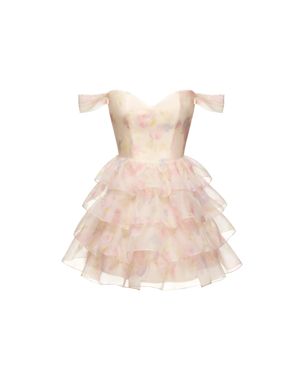 Лисен мини (Lisen mini), платье мини корсетное из молочной органзы с цветочным принтом