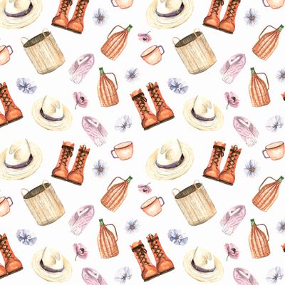 Шляпа, ботинки, корзина, предметы и цветы