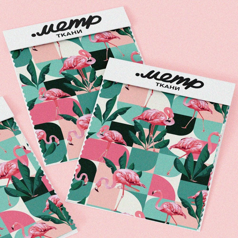 Ткань кулирная гладь фламинго в квадратах