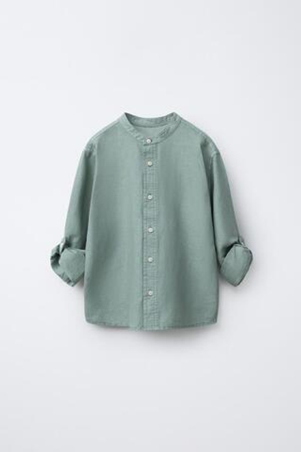 ZARA РУБАШКА ИЗ СМЕСОВОГО ЛЬНА, ЗЕЛЕНЫЙ