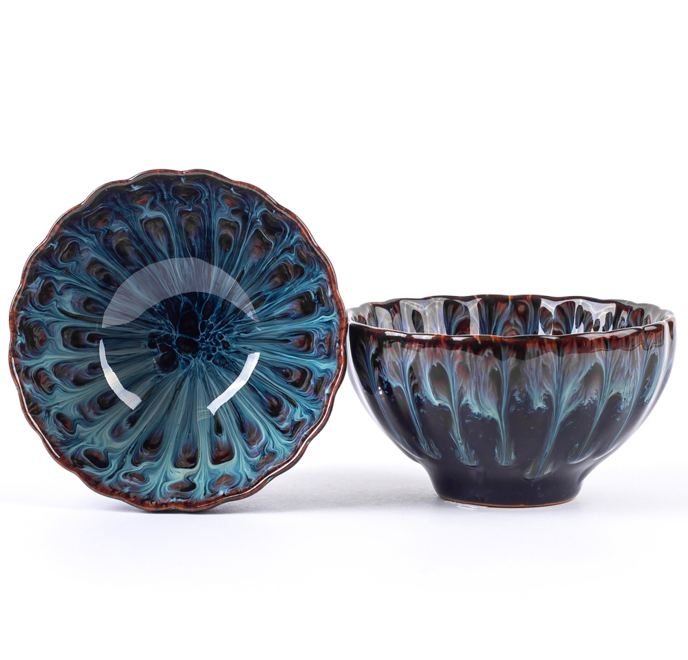 278211 Пиала "Бутон лотоса" серия-ГЛАЗУРЬ ЦЗЮНЬЯО 120 мл d=9,5 h= 5, голубая с красным, керамика