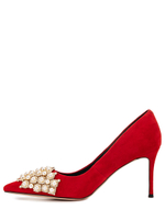 Женские замшевые туфли красные с жемчугом