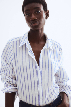 H&M Рубашка из льняной смеси, белый/синий