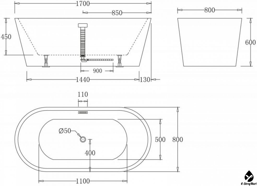 ВАННА АКРИЛОВАЯ ОТДЕЛЬНОСТОЯЩАЯ 1700*800 BELBAGNO BB71 -NERO