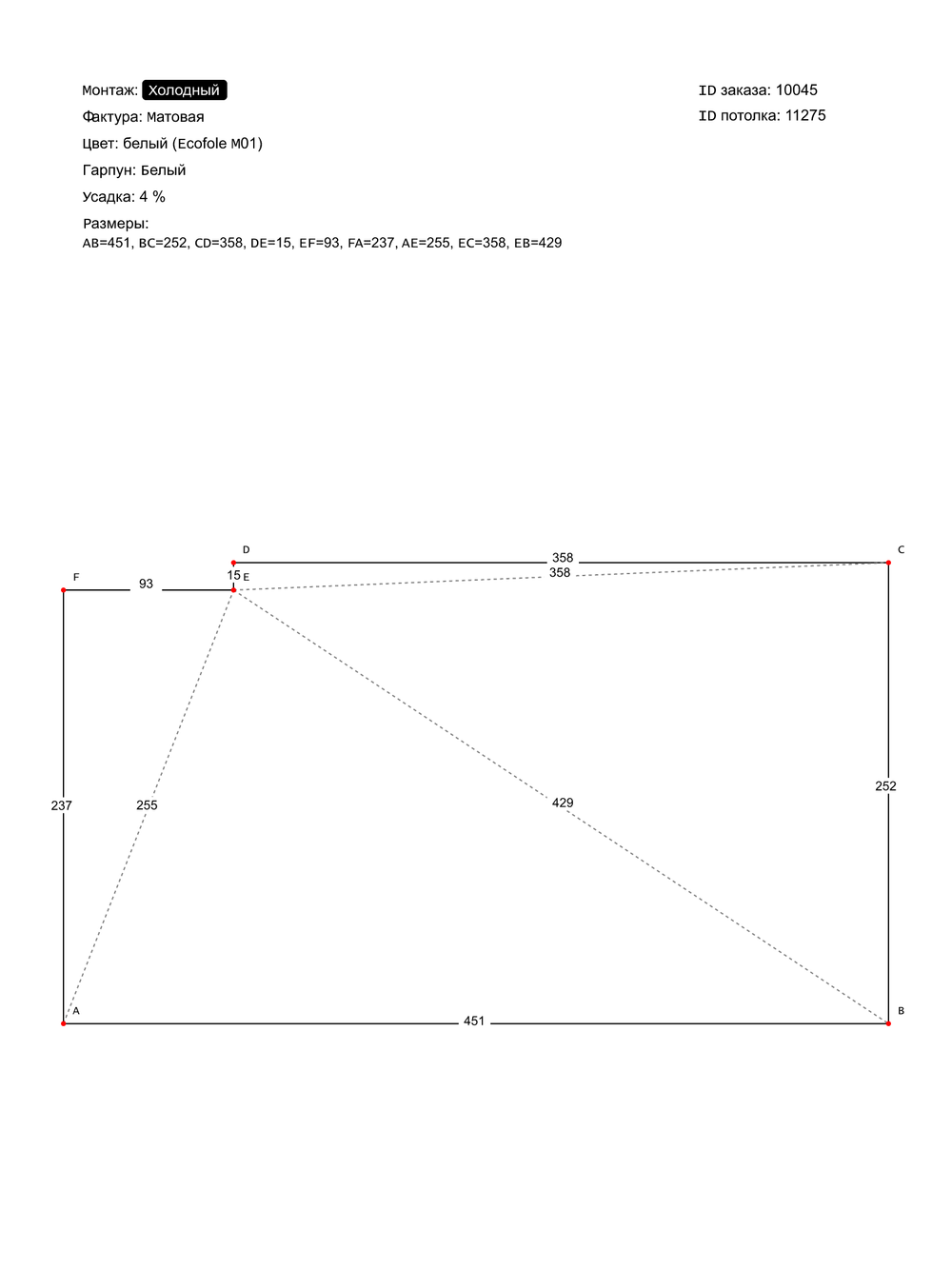 Матовый натяжной потолок 1.8 м2