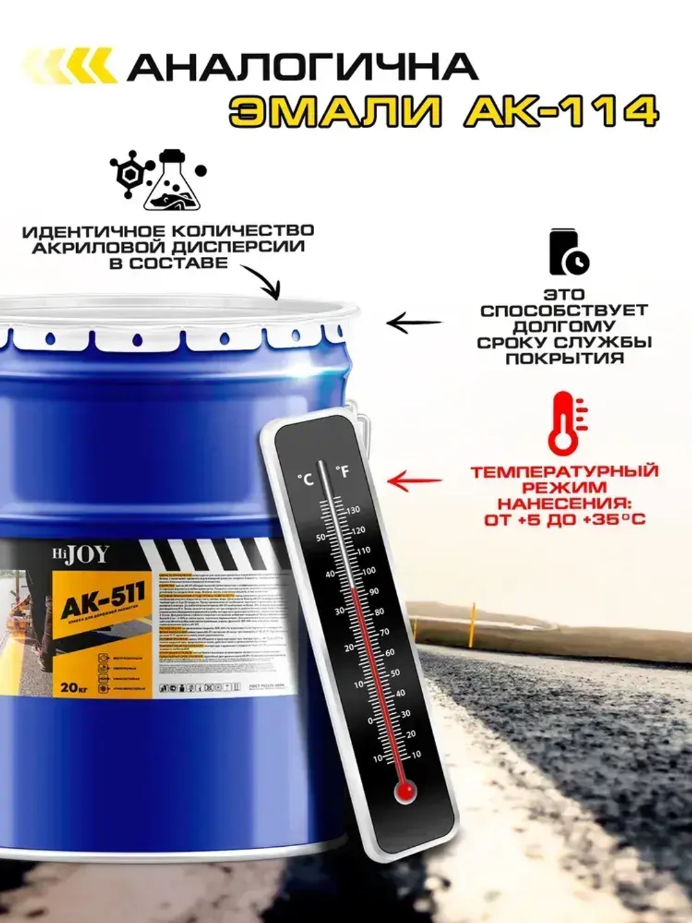 Дорожная краска АК-511 HiJOY , для ДОРОЖНОЙ разметки, краска для пола по бетону, износостойкая, быстросохнущая Белая, 2.5 кг