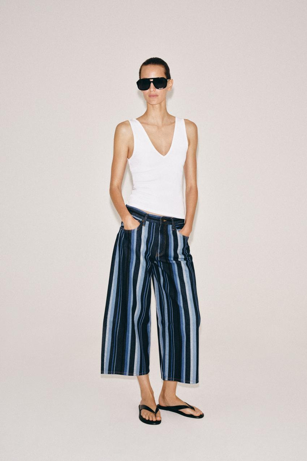 ZARA ДЖИНСЫ-КЮЛОТЫ В ПОЛОСКУ СО СРЕДНЕЙ ПОСАДКОЙ — ZW COLLECTION, СИНИЙ
