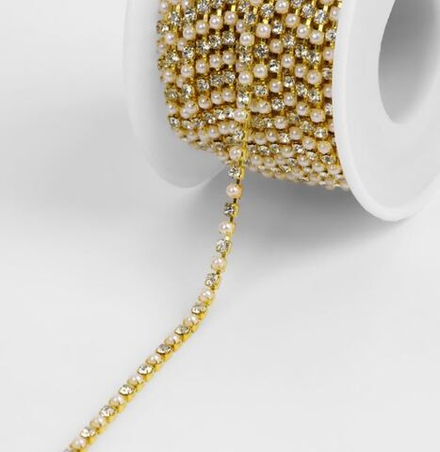 Цепь со стразами и жемчугом SS8 2,5мм,д стекло/пластик золотой/серебряный АУ 9705095