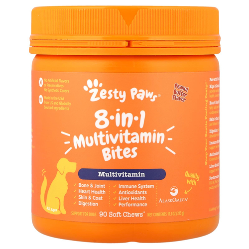 Zesty Paws, Multivitamin Bites, 8 в 1, для собак всех возрастов, с арахисовым маслом, 90 жевательных таблеток, 315 г (11,1 унции)