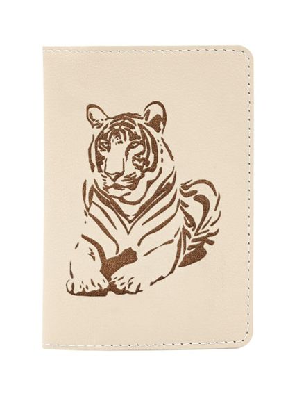 Изображение обложки для паспорта Тигр из кожи молочного цвета, в сложенном виде.