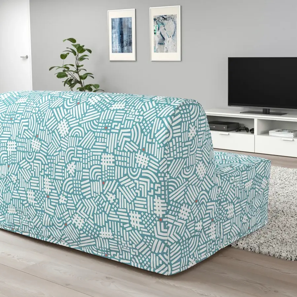 Диван 2-местный - IKEA LYCKSELE LÖVÅS/ЛИКСЕЛЕ ЛЕВОС ИКЕА, 87х100х142 см, белый/голубой