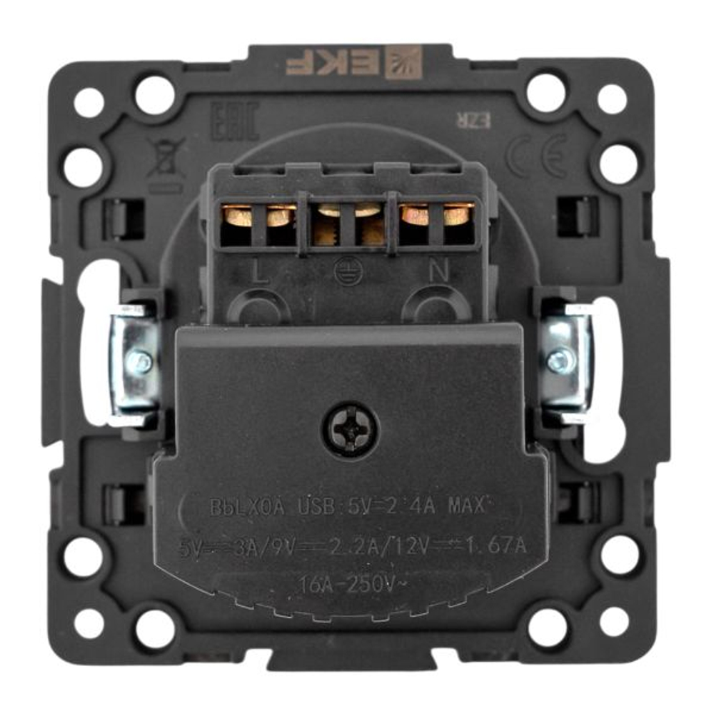 Стокгольм Механизм Розетки 1-местной с/з, USB A+C 16А винтовые клеммы черный с защ. штор. EKF
