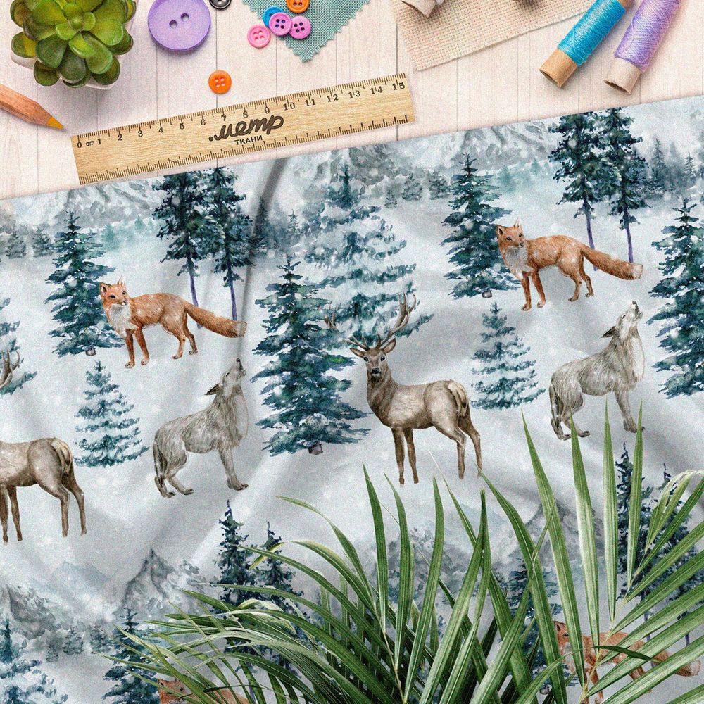 Ткань бязь животные в заснеженном лесу