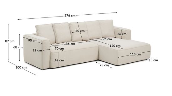 3-местный диван-кровать Marela бежевый шенилл с кушеткой справа 276 см