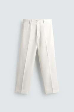 ZARA БРЮКИ REGULAR FIT ИЗ ВИСКОЗЫ И ХЛОПКА, ЖЕЛТОВАТО-БЕЛЫЙ