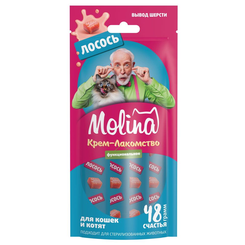 Крем-лакомство Molina Creamy Treats AntiHairball для котят и взрослых кошек лосось вывод комков шерсти 48г