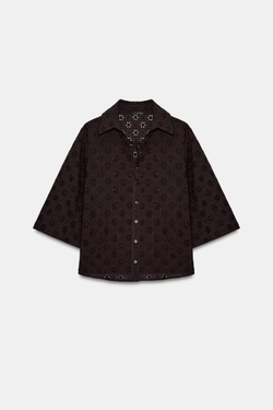 ZARA РУБАШКА С АЖУРНОЙ ВЫШИВКОЙ, КОРИЧНЕВЫЙ