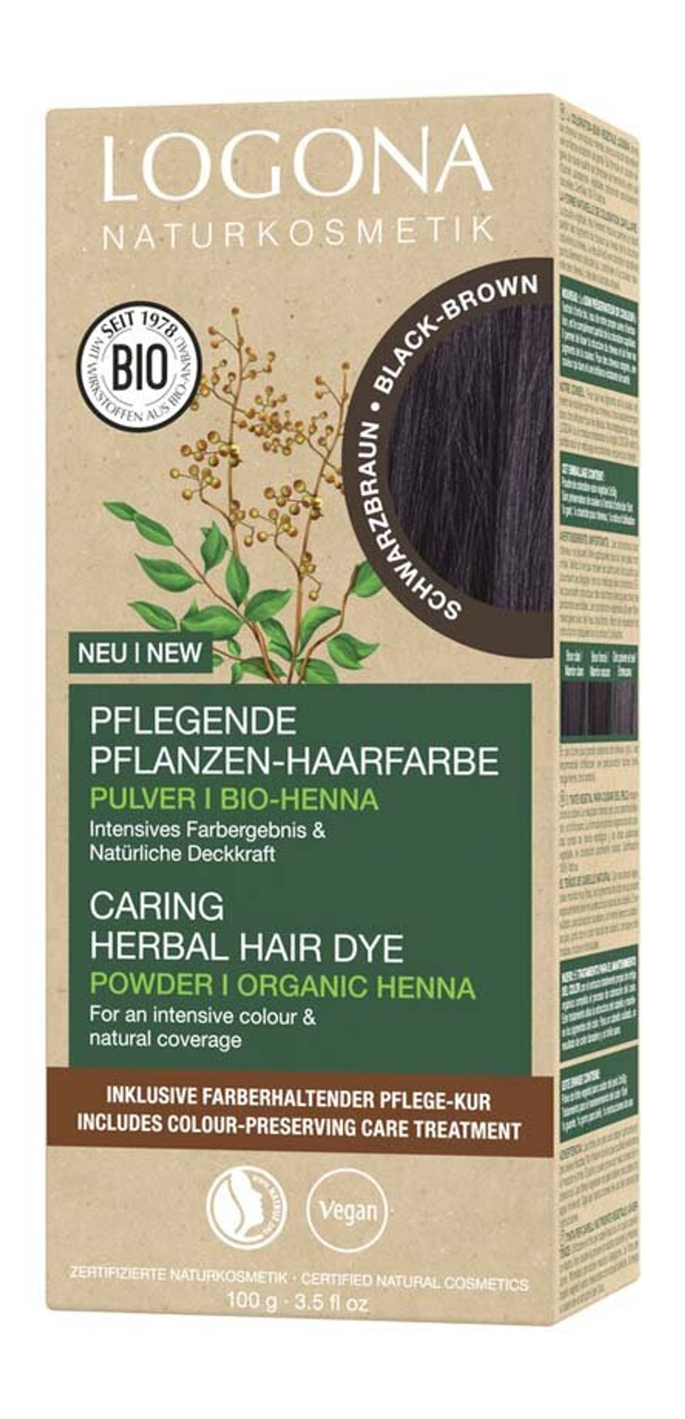 Порошковая краска для волос Logona, черный/коричневый, 100 гр