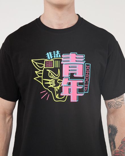 Футболка ЮНОСТЬ Неоновый кот - флюоресценция Черный