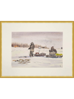 Картина авторская акварельная в паспарту 30х40 см на стену для интерьера "Зимняя рыбалка"