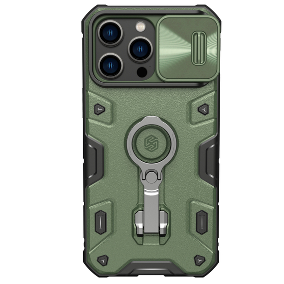 Чехол зеленого цвета (Dark Green) от Nillkin для iPhone 14 Pro Max, серия CamShield Armor Pro, с металлическим поворотным кольцом и защитной шторкой для камеры