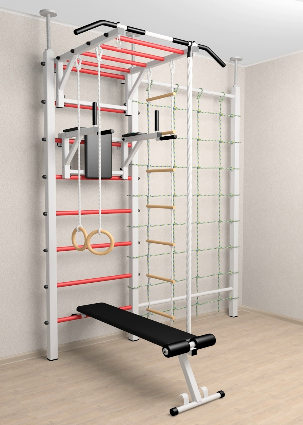 Шведская стенка Sv Sport враспор (Турник рукоход/Брусья/Скамья/Канат/Kольца/Лестница/Канатный лаз/Сетка)