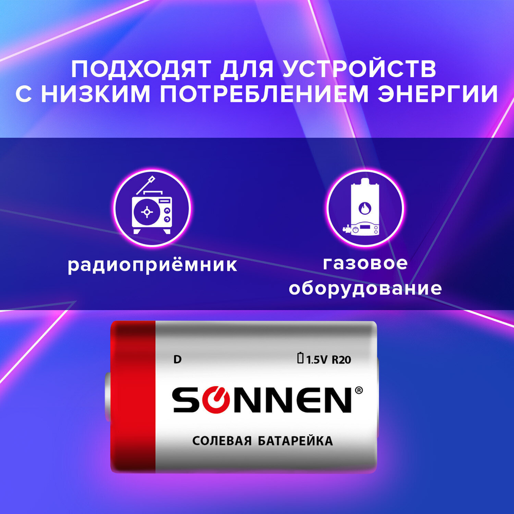 Батарейки комплект 2 шт SONNEN D (R20) солевые в пленке (12 штук в упаковке)