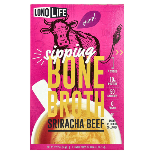 Lonolife, Sipping Bone Broth, говядина шрирача, 4 порционные палочки, 15 г (0,53 унции)
