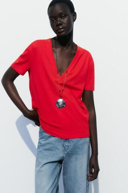 ZARA ФУТБОЛКА ИЗ ХЛОПКА С ЭНЗИМНОЙ ОБРАБОТКОЙ, КРАСНЫЙ