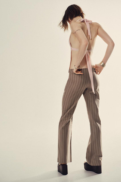 ZARA РАСКЛЕШЕННЫЕ БРЮКИ В ПОЛОСКУ С ПРЯЖКОЙ, КОРИЧНЕВЫЙ/ЭКРЮ