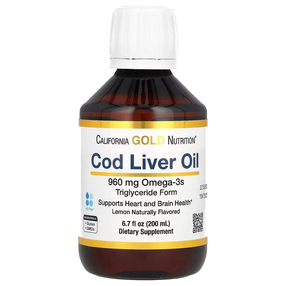 California Gold Nutrition, жир из печени трески с омега-3 жирными кислотами, ЭПК, ДГК, витаминами A и D, норвежский, в форме триглицеридов, натуральный лимонный вкус, 200 мл (6,7 жидк. унции)