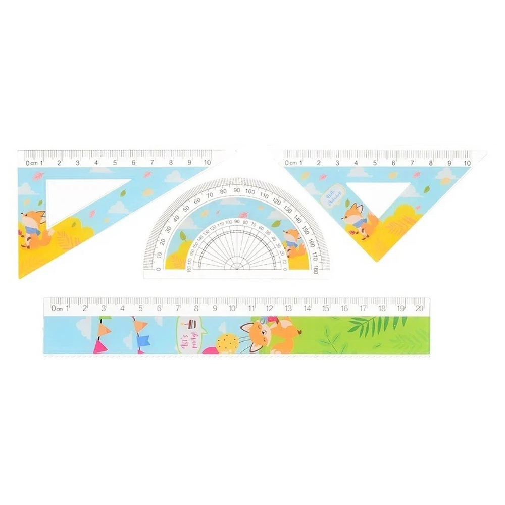 Линейка Basir пластиковая, набор 4 шт, серия "Лиса", 4 предмета: линейка 20 см, транспортир и два угольника