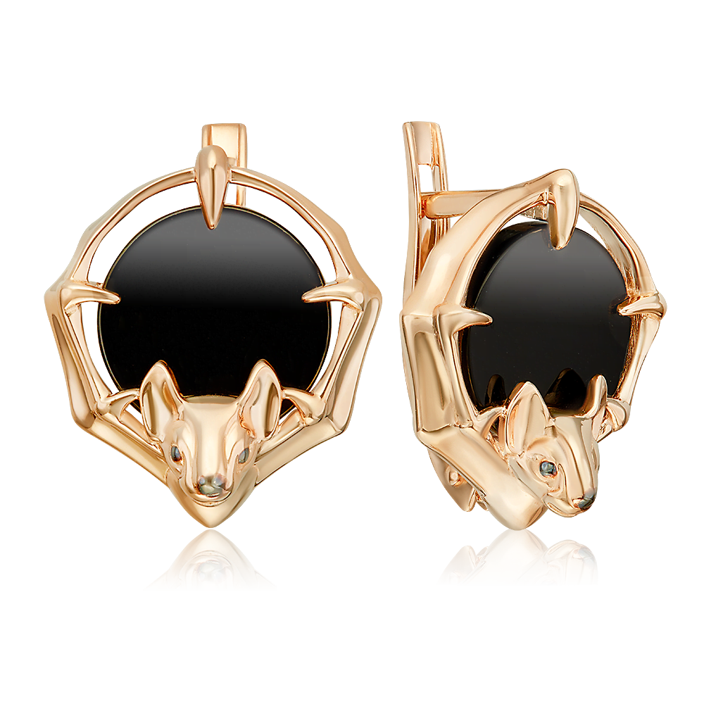Серьги «Летучие мыши» с английским замком из красного золота с ониксом