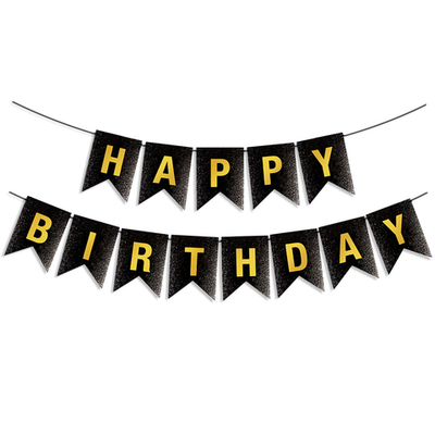 Гирлянда Флажки, Happy Birthday, Черный/Золото, Металлик, с блестками, 350 см, 17*12 см