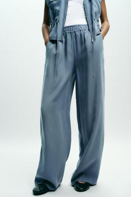 ZARA ШИРОКИЕ БРЮКИ ИЗ МЯГКОЙ ТКАНИ, СЕРО-СИНИЙ