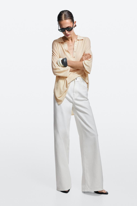 Massimo Dutti Джинсы с высокой талией и широкими штанинами, экрю