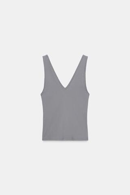 ZARA ТОП В РУБЧИК С V-ОБРАЗНЫМ ВЫРЕЗОМ, СЕРО-СИНИЙ