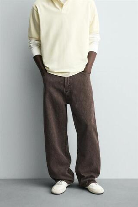 ZARA БРЮКИ BAGGY FIT С ПРИНТОМ И ЭФФЕКТОМ ПОТЕРТОСТИ, КОРИЧНЕВЫЙ