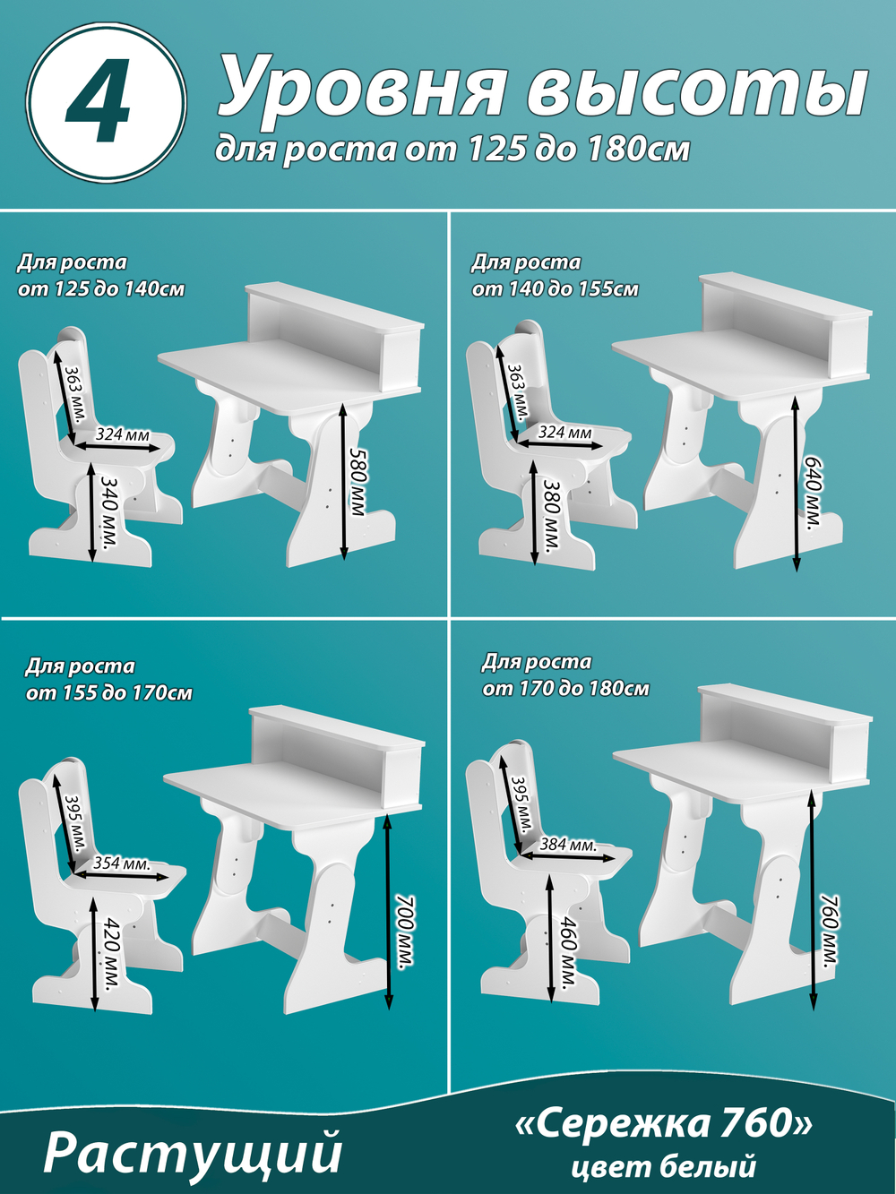 Растущий стол и стул детский. Парта "4 уровня высоты". От 5 до 18 лет. "Сережка 760" цвет Белый.