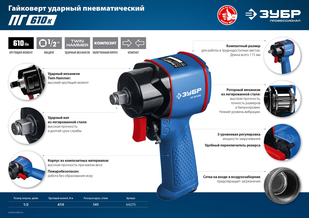 ЗУБР ПГ-610К, 1/2″, 610 Н·м, ударный пневматический гайковерт, Профессионал (64270)+M675