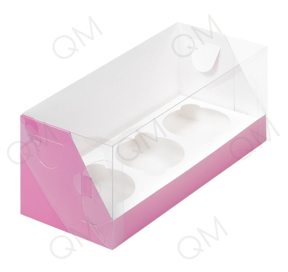 Коробка под капкейки с пластиковой крышкой 240*100*100 мм (3) (розовая матовая), 50шт